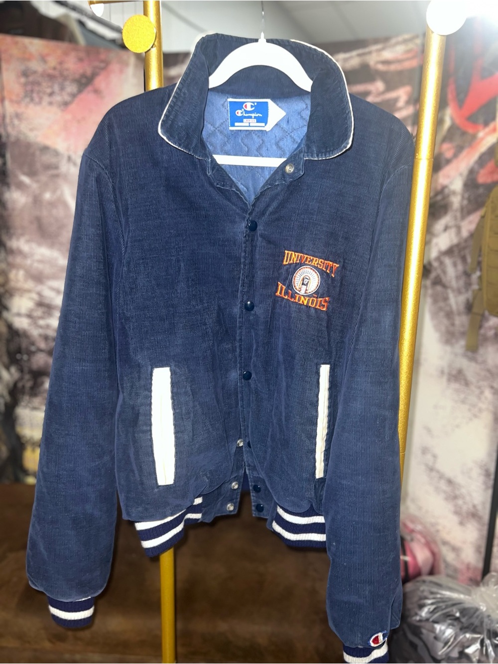 Champion University of Illinois Navy Corduroy Bomber Jacket Vintage USA